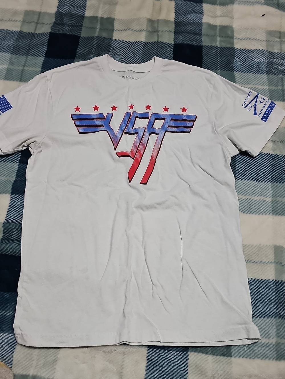 Grunt Style White Tee with Red & Blue USA Graphic